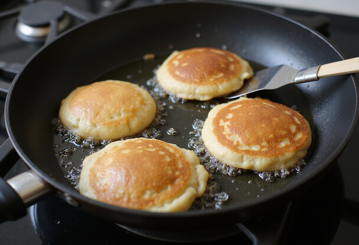 Cooking fluffy pancakes on a skillet, with bubbles forming, indicating they are ready to be flipped.