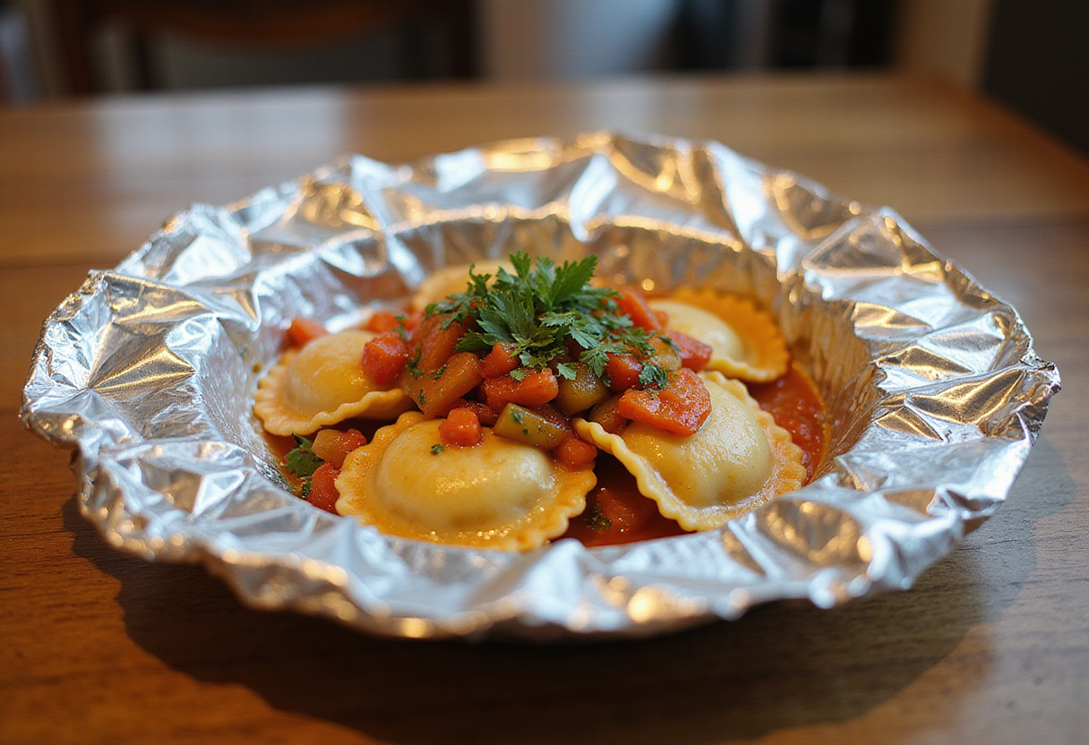 Gourmet foil-pack ravioli dinner served with vibrant vegetables, highlighting an easy and delicious meal option.