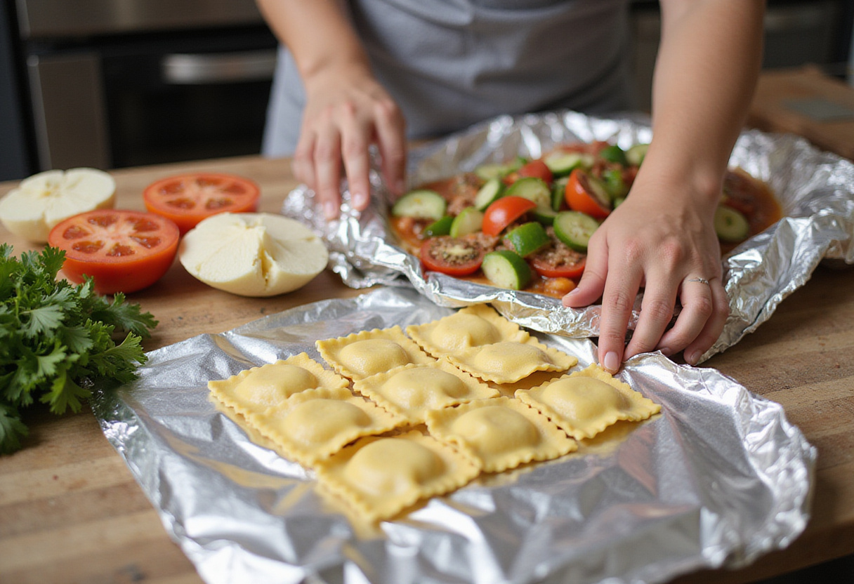 Preparing aluminum foil sheets for a foil-pack ravioli dinner with fresh ingredients and vegetables.