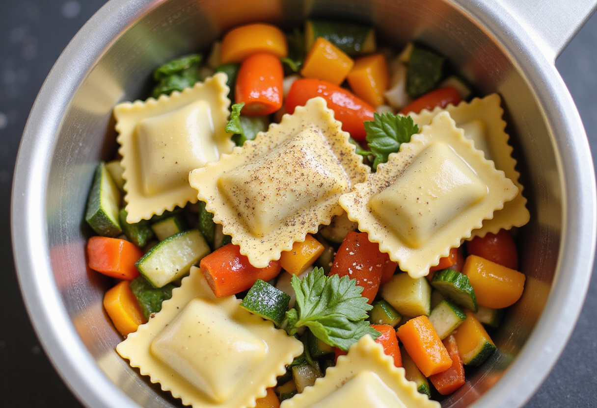 Mixing uncooked ravioli with chopped vegetables and seasoning for a flavorful foil-pack dinner.