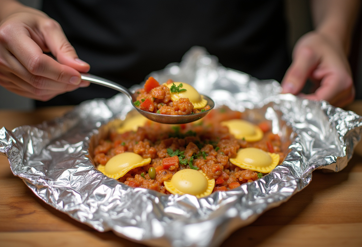 Filling aluminum foil wraps with a delicious mixture of ravioli and vegetables for cooking.