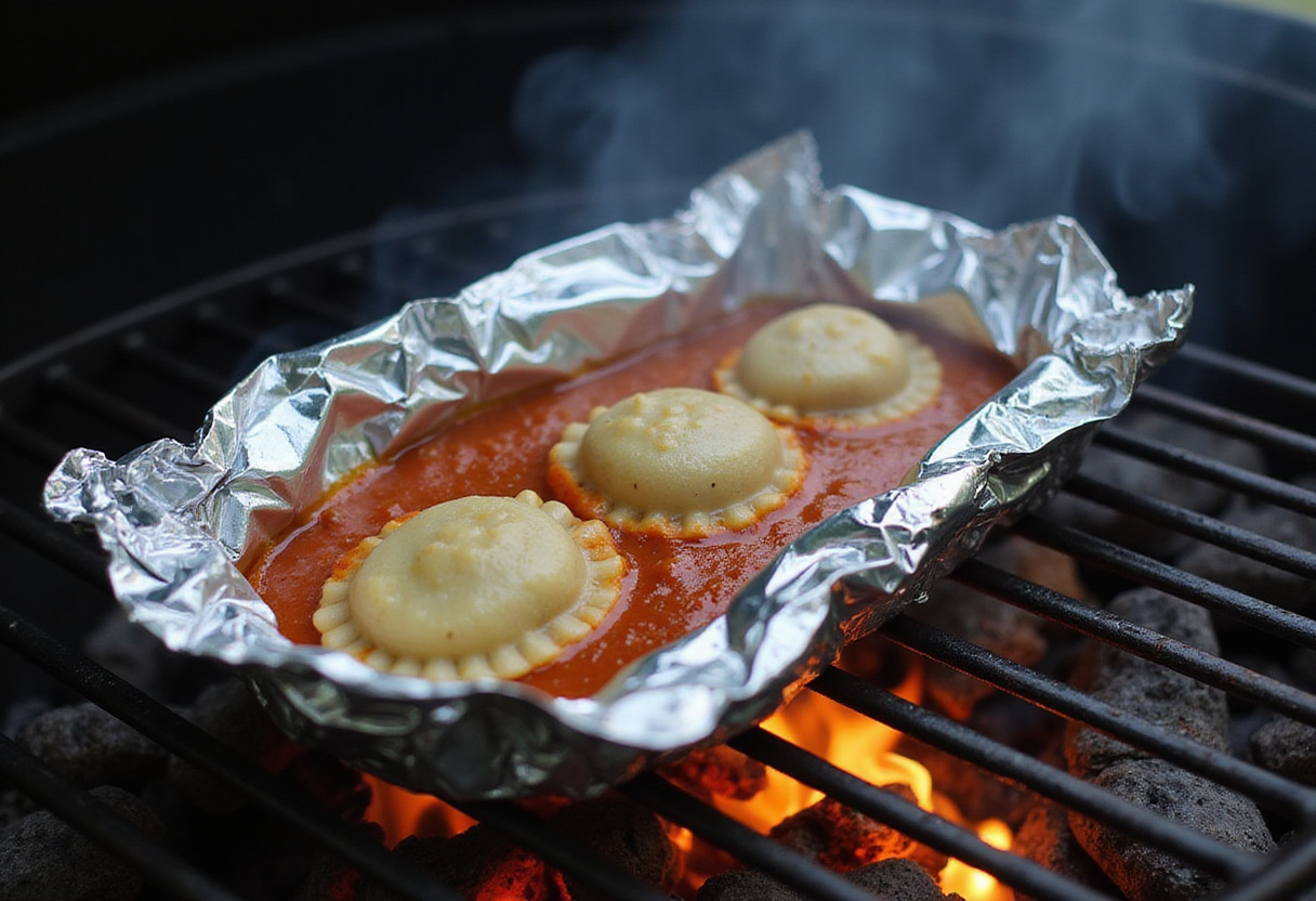 Cooking ravioli in a foil pack on the grill, creating an aromatic outdoor meal.