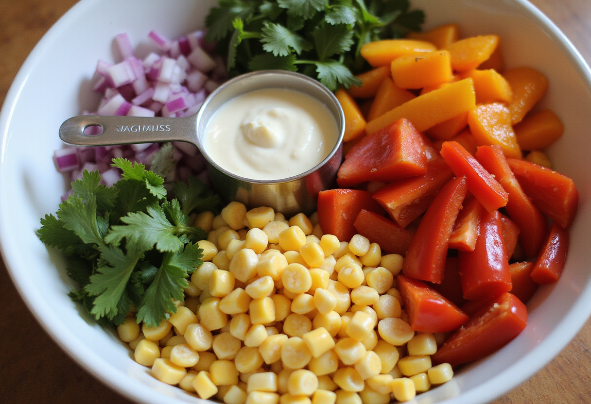 Fresh ingredients for Frito Corn Salad, featuring corn, bell peppers, and onions in preparation.