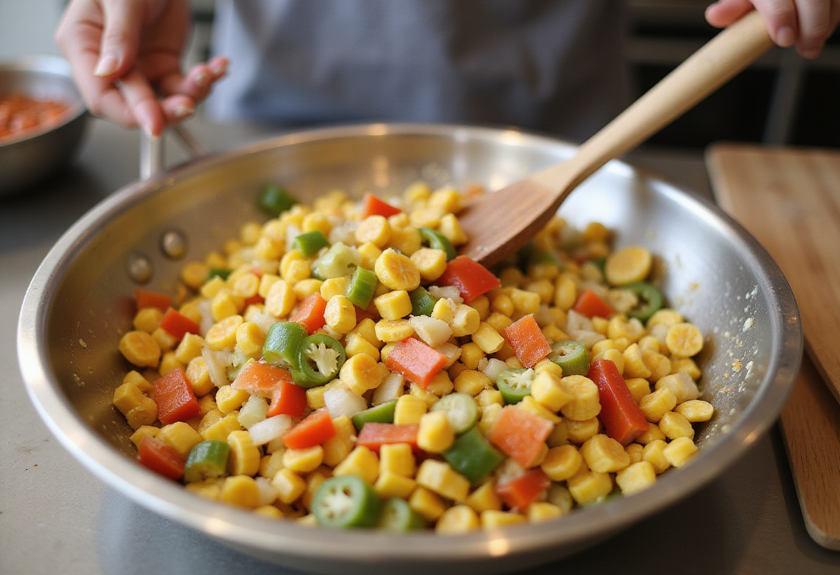 Mixing vibrant ingredients for Frito Corn Salad in a bowl, showcasing fresh produce ready to be blended.