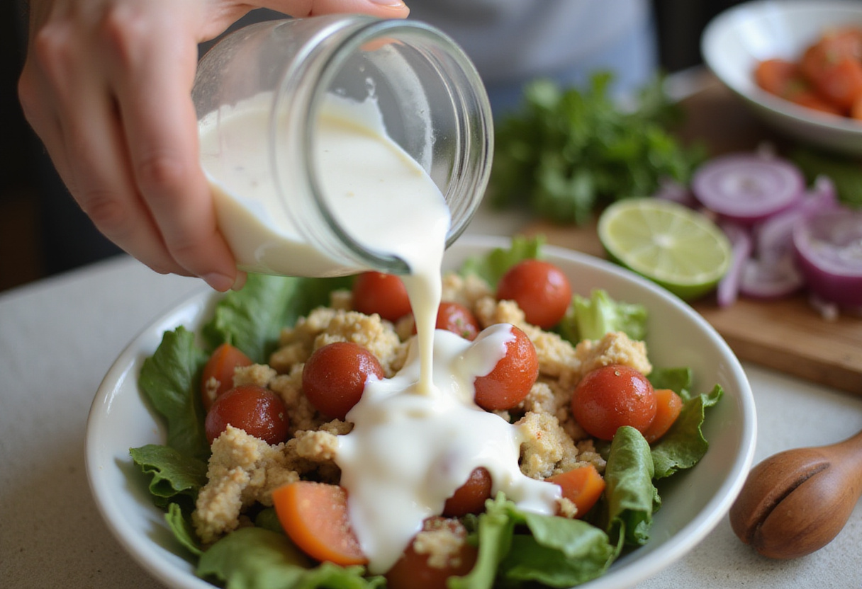 Pouring ranch dressing over mixed ingredients for Frito Corn Salad, highlighting the creamy addition to the salad mix.