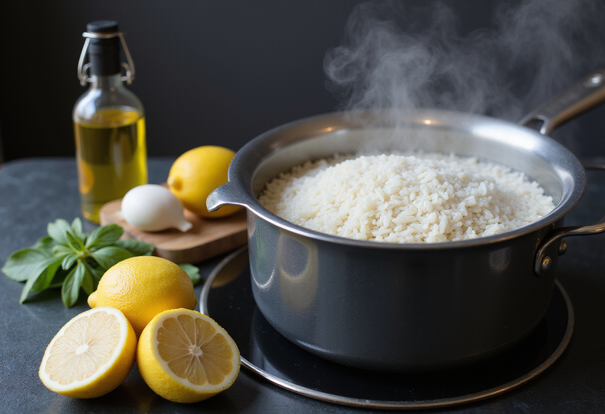 Preparing Greek Lemon Rice with boiling water, rice, lemon, and olive oil ingredients ready to be used.