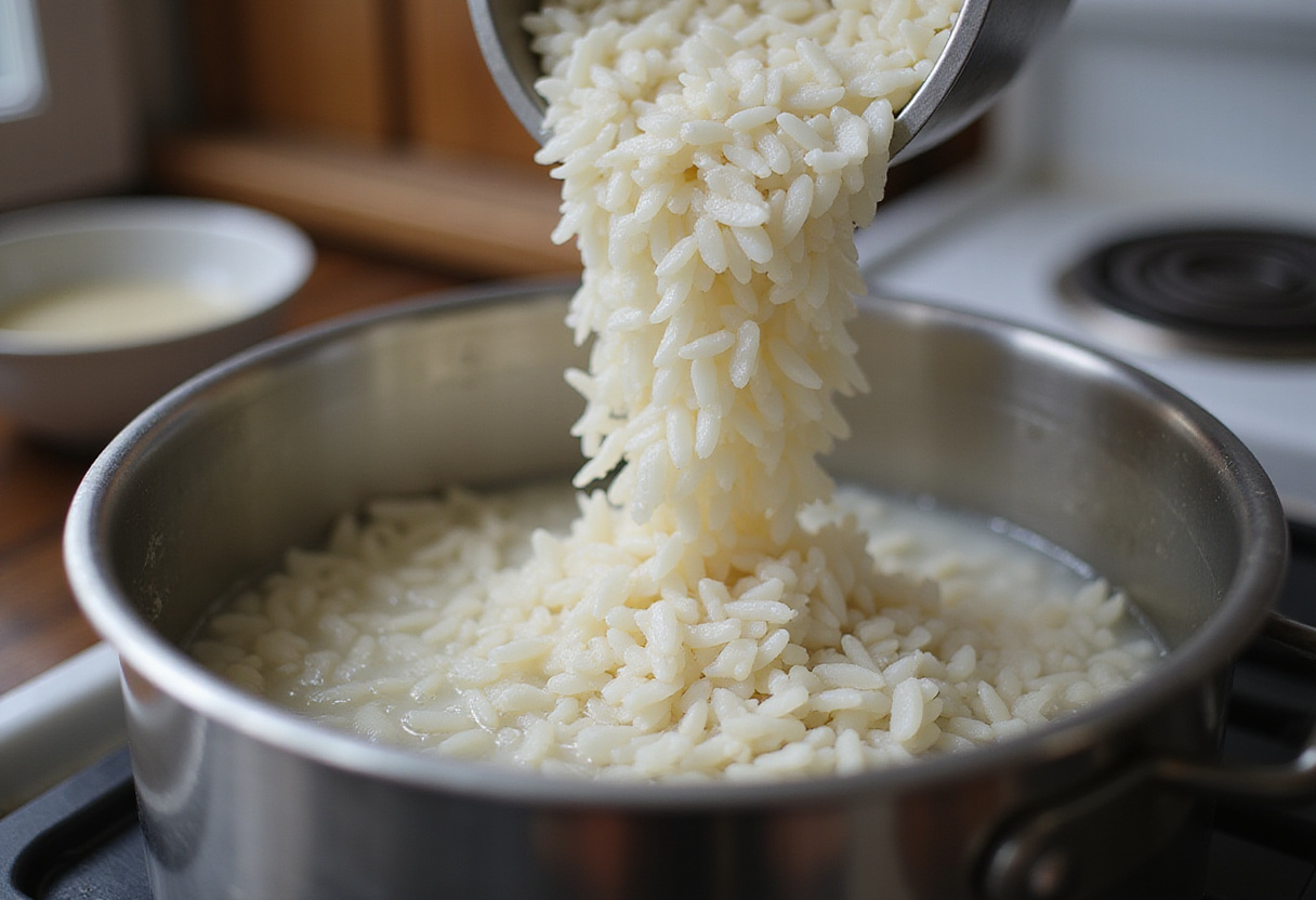 Cooking Greek Lemon Rice by adding rice to boiling water, capturing the essential step in the recipe.