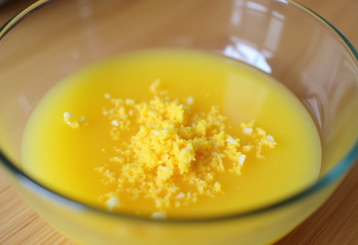 Creating a flavorful mix for Greek Lemon Rice with lemon juice and zest, essential for enhancing the dish's bright flavors.