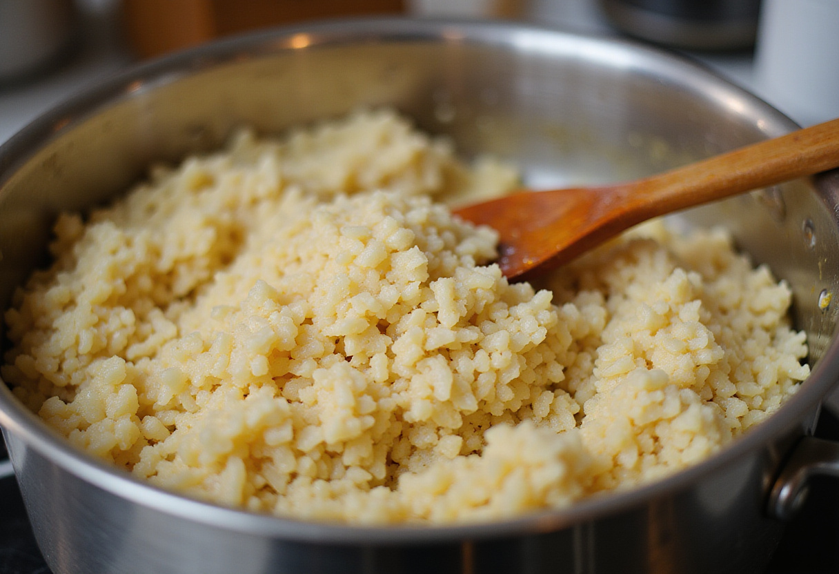 Combining rice and lemon juice for Greek Lemon Rice, highlighting the cooking process and flavor integration.