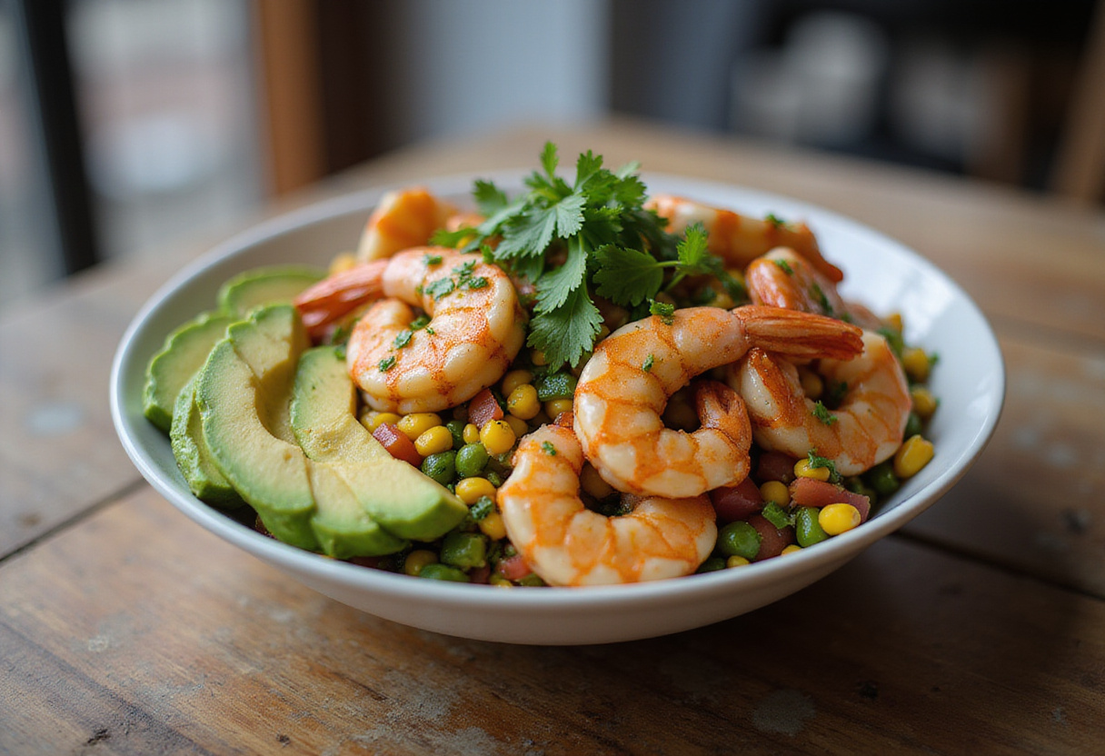 Final presentation of a grilled shrimp bowl with avocado, corn salsa, and creamy garlic sauce, perfect for a healthy dining experience.