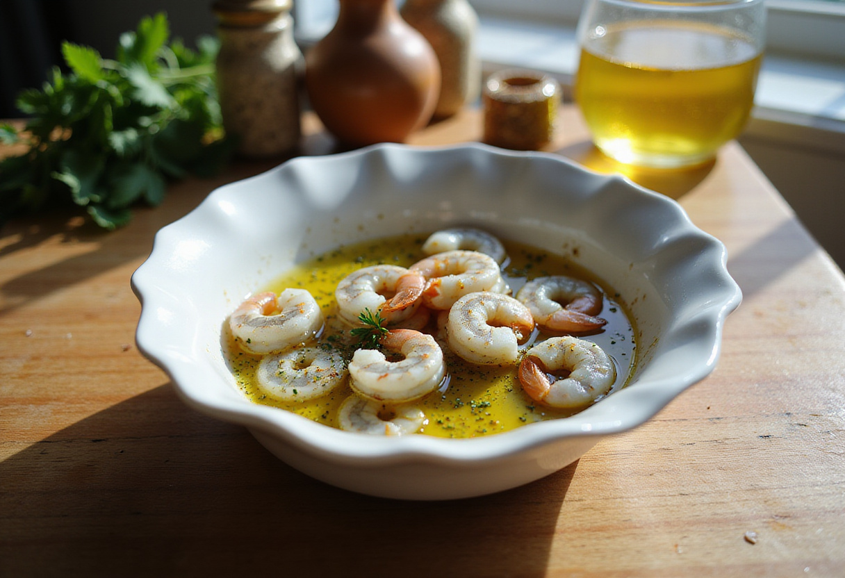 Fresh shrimp marinated in olive oil and spices for grilled shrimp bowl with avocado and corn salsa.