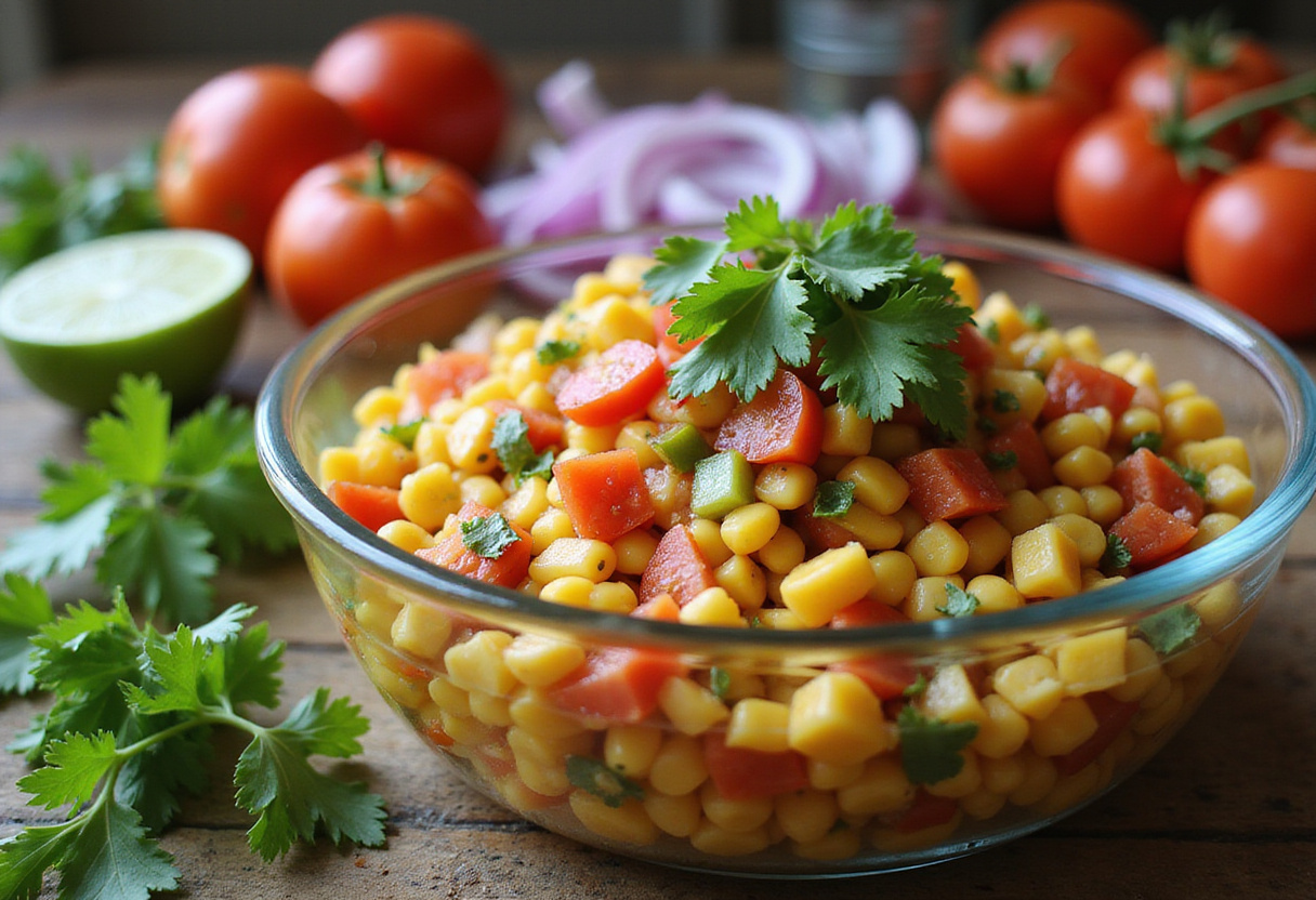 Colorful corn salsa prepared for grilled shrimp bowl featuring tomatoes, onions, and cilantro.