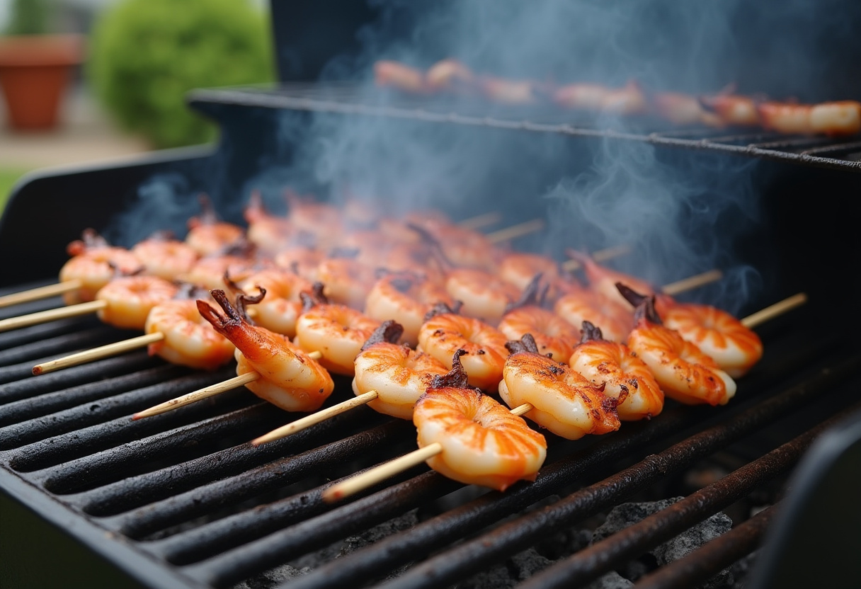 Shrimp skewers grilling on a barbecue, perfect for a flavorful grilled shrimp bowl.