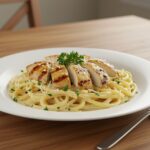 Delicious High Protein Grilled Chicken Alfredo Pasta dish showcasing creamy texture and grilled chicken presentation, perfect for a healthy meal.
