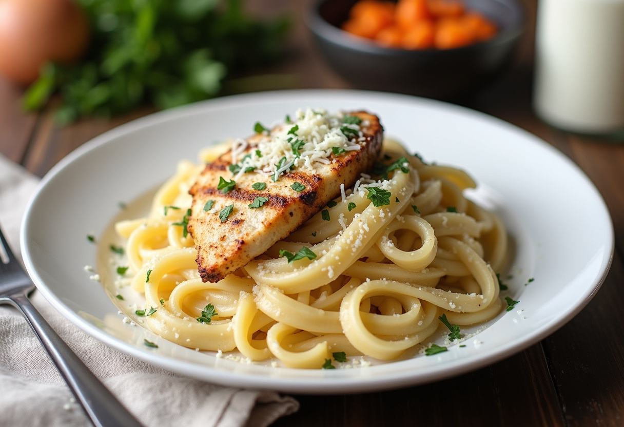 Delicious High Protein Grilled Chicken Alfredo Pasta dish showcasing creamy texture and grilled chicken presentation, perfect for a healthy meal.