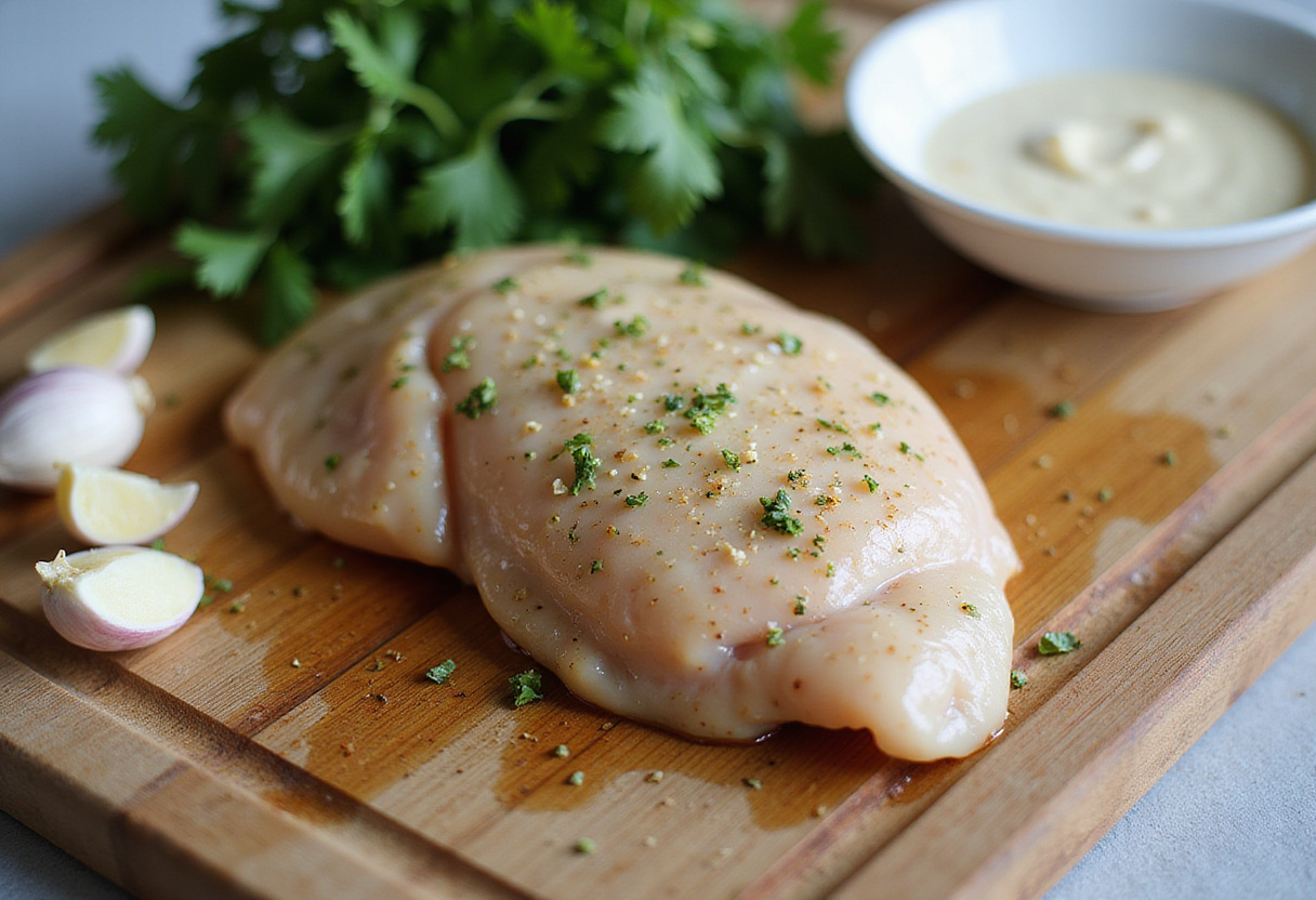 High Protein Grilled Chicken cooking with fresh garlic and herbs, showcasing the preparation of grilled chicken for creamy Alfredo pasta.