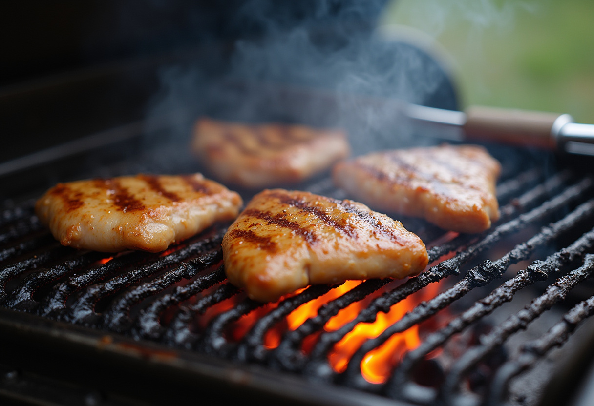 High Protein Grilled Chicken being grilled, illustrating the cooking process for a delicious and healthy chicken Alfredo pasta dish.