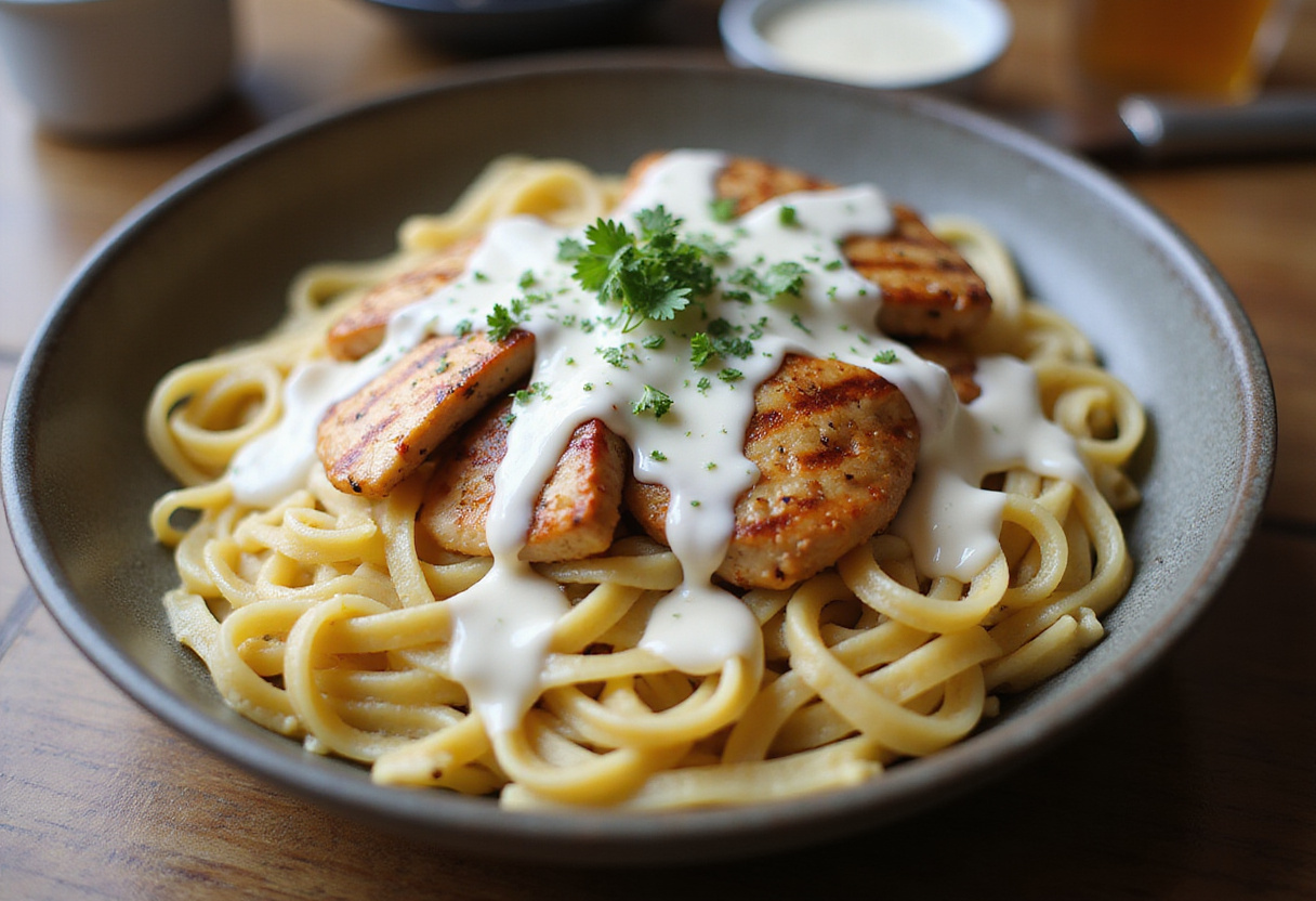 Combining grilled chicken with fettuccine and Alfredo sauce, demonstrating the final assembly of high protein grilled chicken Alfredo pasta.
