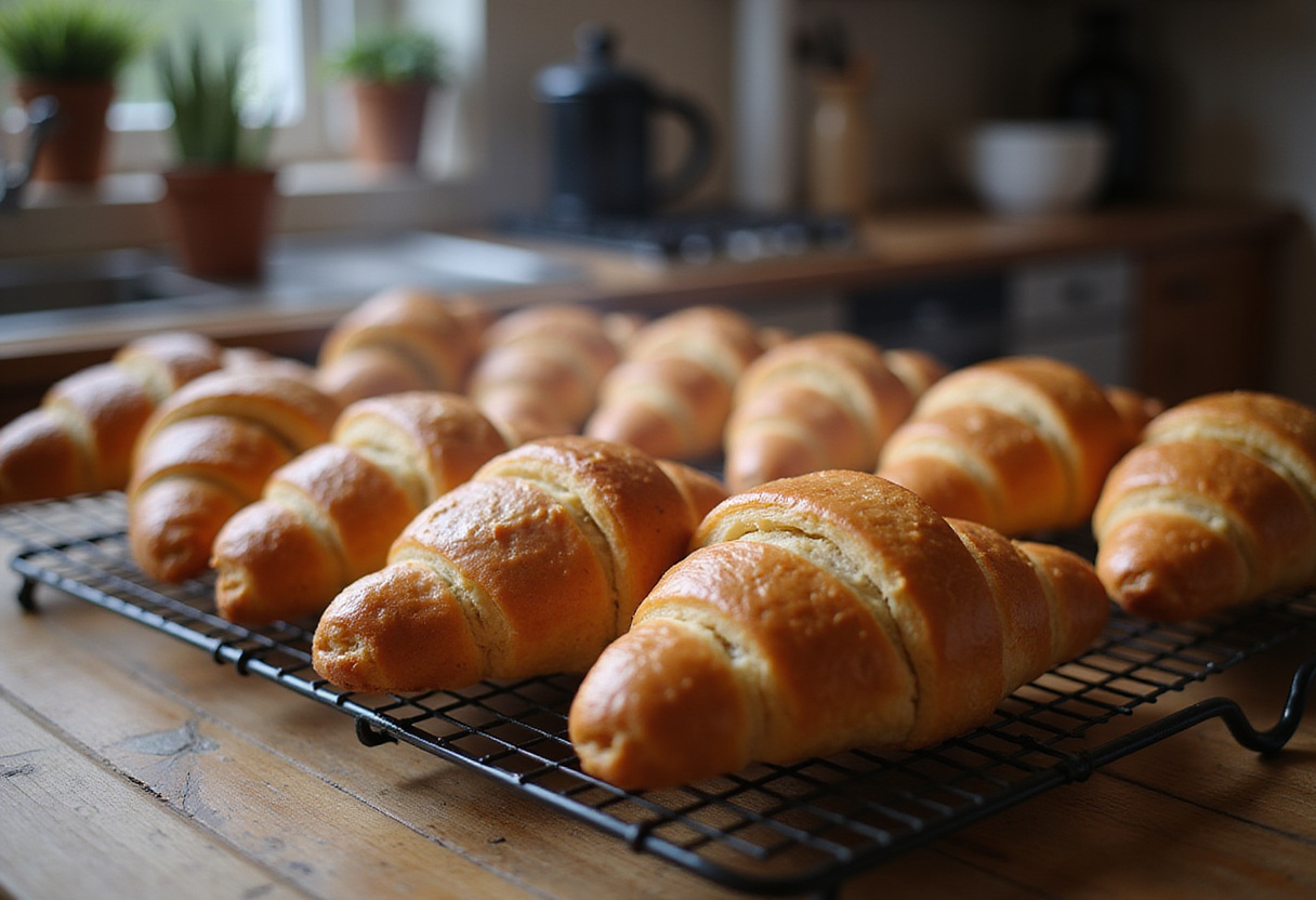 Homemade flaky croissants served on a rustic plate, showcasing beautiful layers and perfect for breakfast.