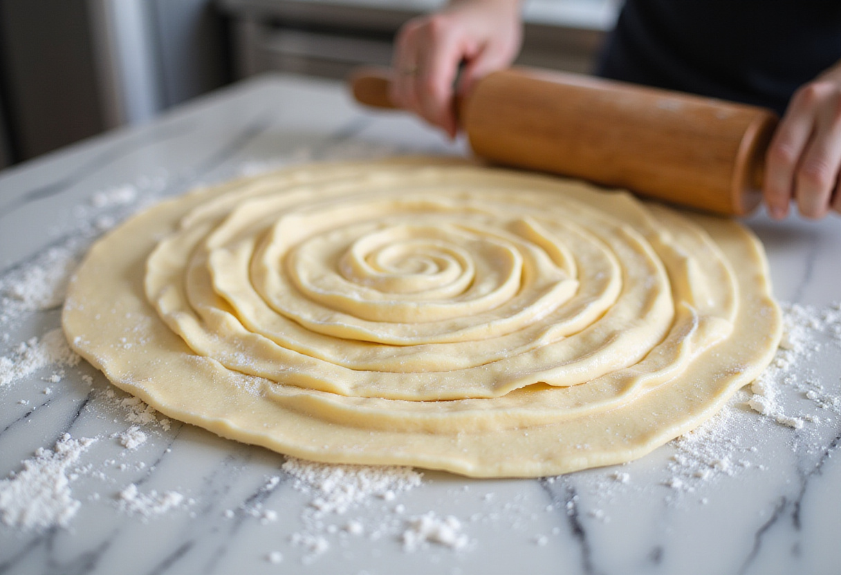 Flaky croissant dough preparation with flour and butter, step for homemade croissants.