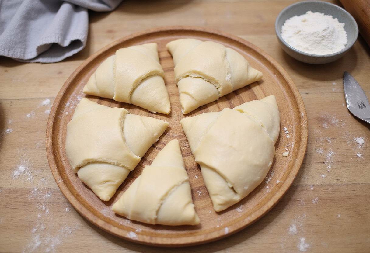 Shaped uncooked croissants on a baking tray, showcasing rising before baking, key phase in homemade croissant preparation.