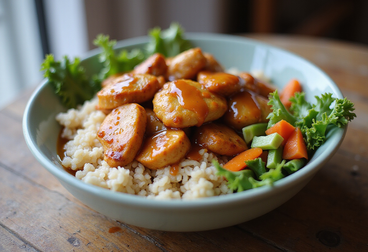 Final presentation of a Hot Honey Chicken Bowl with crispy chicken, rice, and fresh veggies, perfect for a healthy meal.