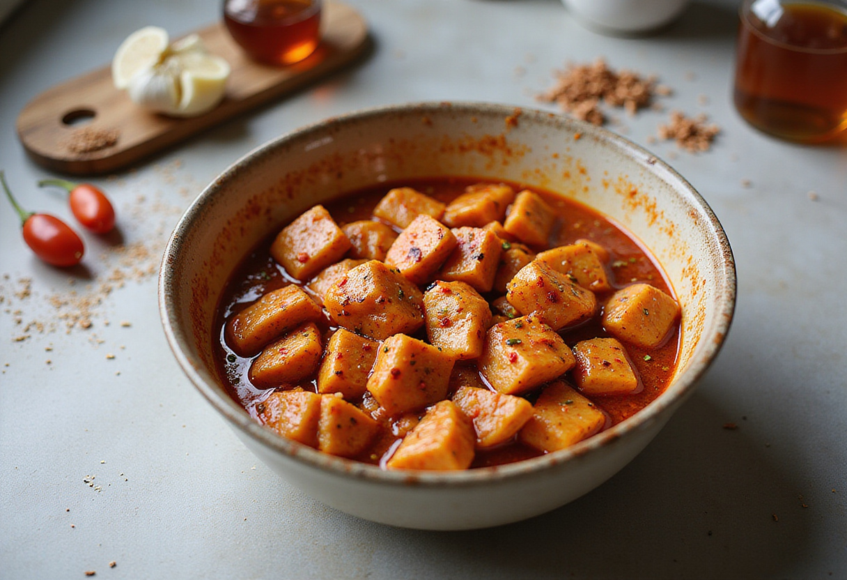 Hot Honey Chicken Bowl preparation featuring diced chicken in spicy marinade with honey and chili flakes.