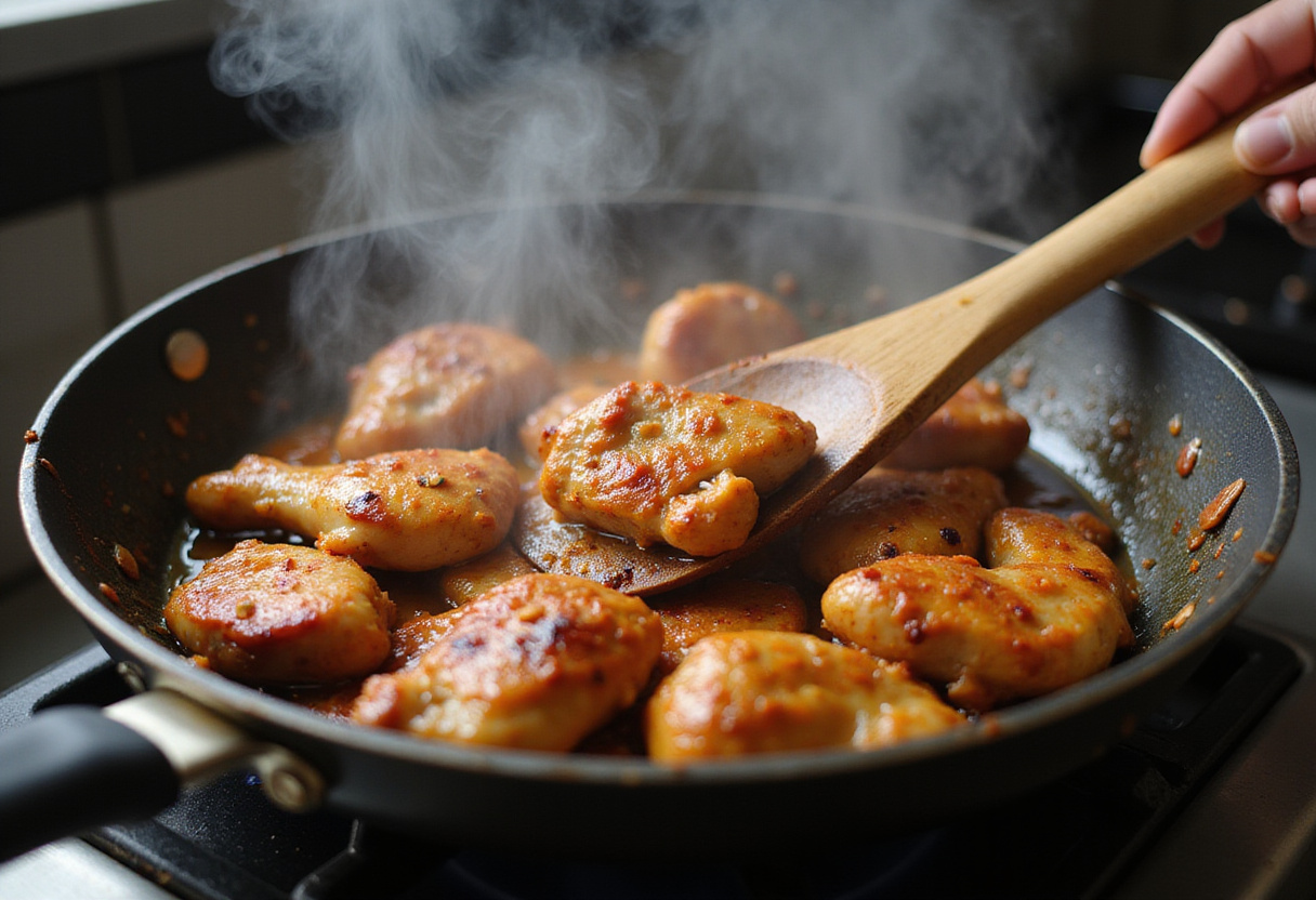 Frying hot honey marinated chicken in a pan, showcasing the cooking process for a Hot Honey Chicken Bowl.
