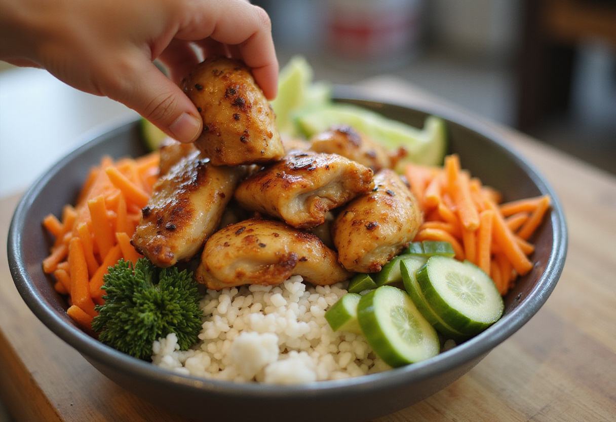 Assembling a Hot Honey Chicken Bowl with cooked chicken, rice, and fresh vegetables for a nutritious meal.