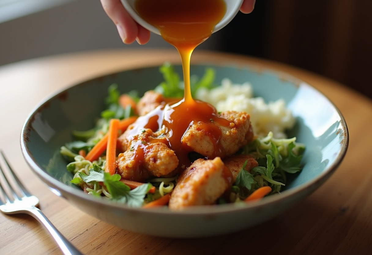 Drizzling hot honey sauce over a delicious Hot Honey Chicken Bowl, enhancing flavors and presentation.