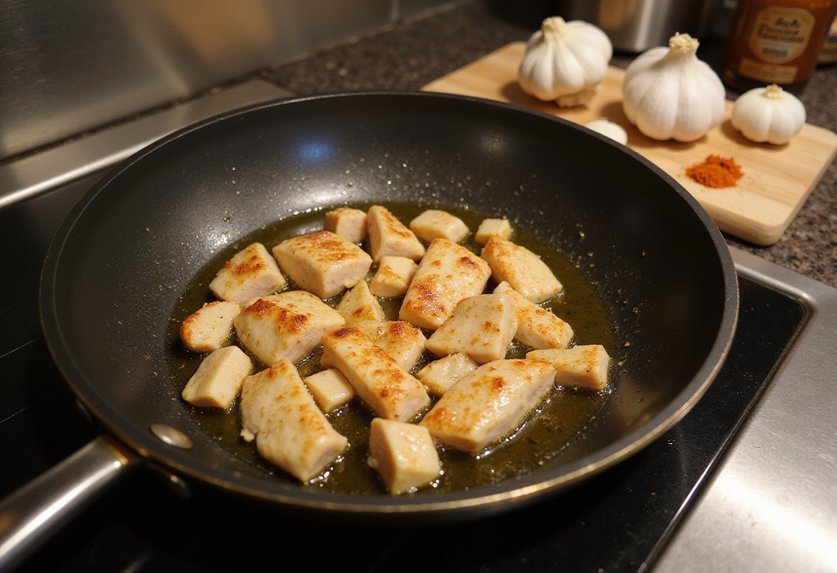 sautéing diced chicken and garlic for Chicken and Broccoli Pasta in a skillet, capturing the cooking process in action
