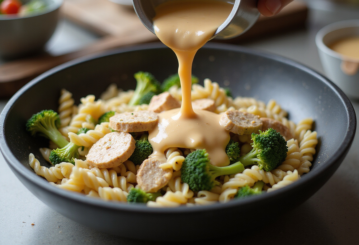 mixing together cooked pasta, chicken, and broccoli for Chicken and Broccoli Pasta, highlighting fresh ingredients