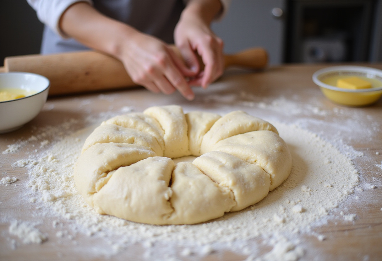 How to make Delicious Cruffins: pouring warm milk into a mixing bowl to create a luscious dough in a cozy kitchen scene.