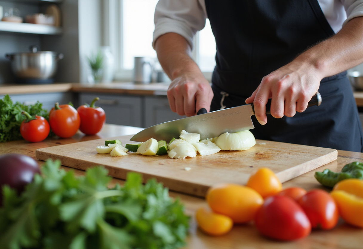 chopping vegetables for Maggiano’s Lasagna, fresh ingredients preparation