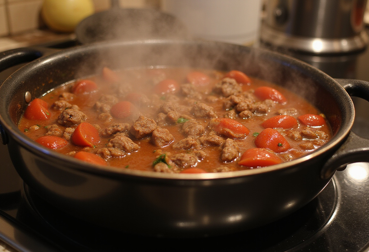 making meat sauce for Maggiano’s Lasagna, simmering-rich flavors