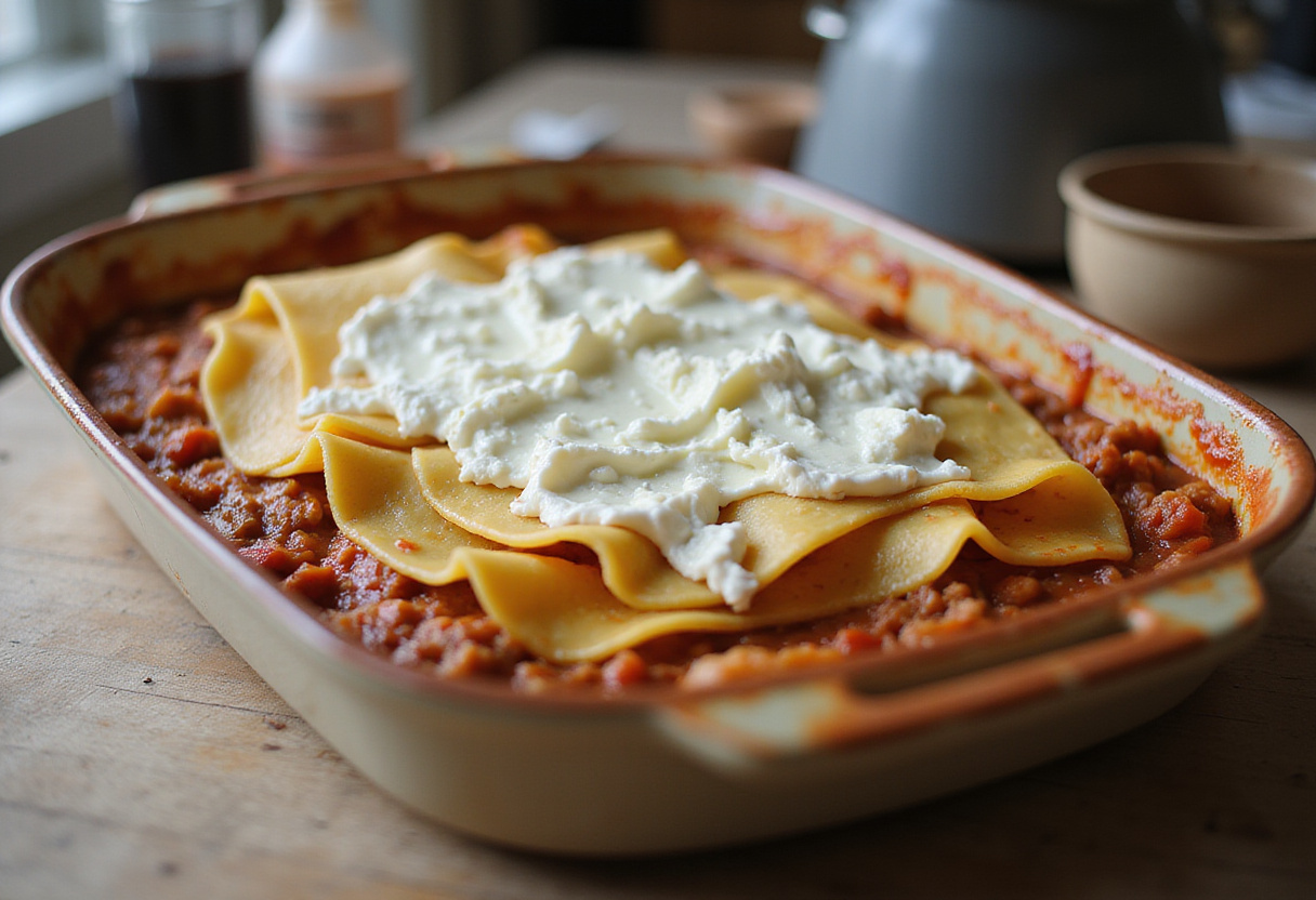 layering ingredients for Maggiano’s Lasagna, assembling the perfect dish