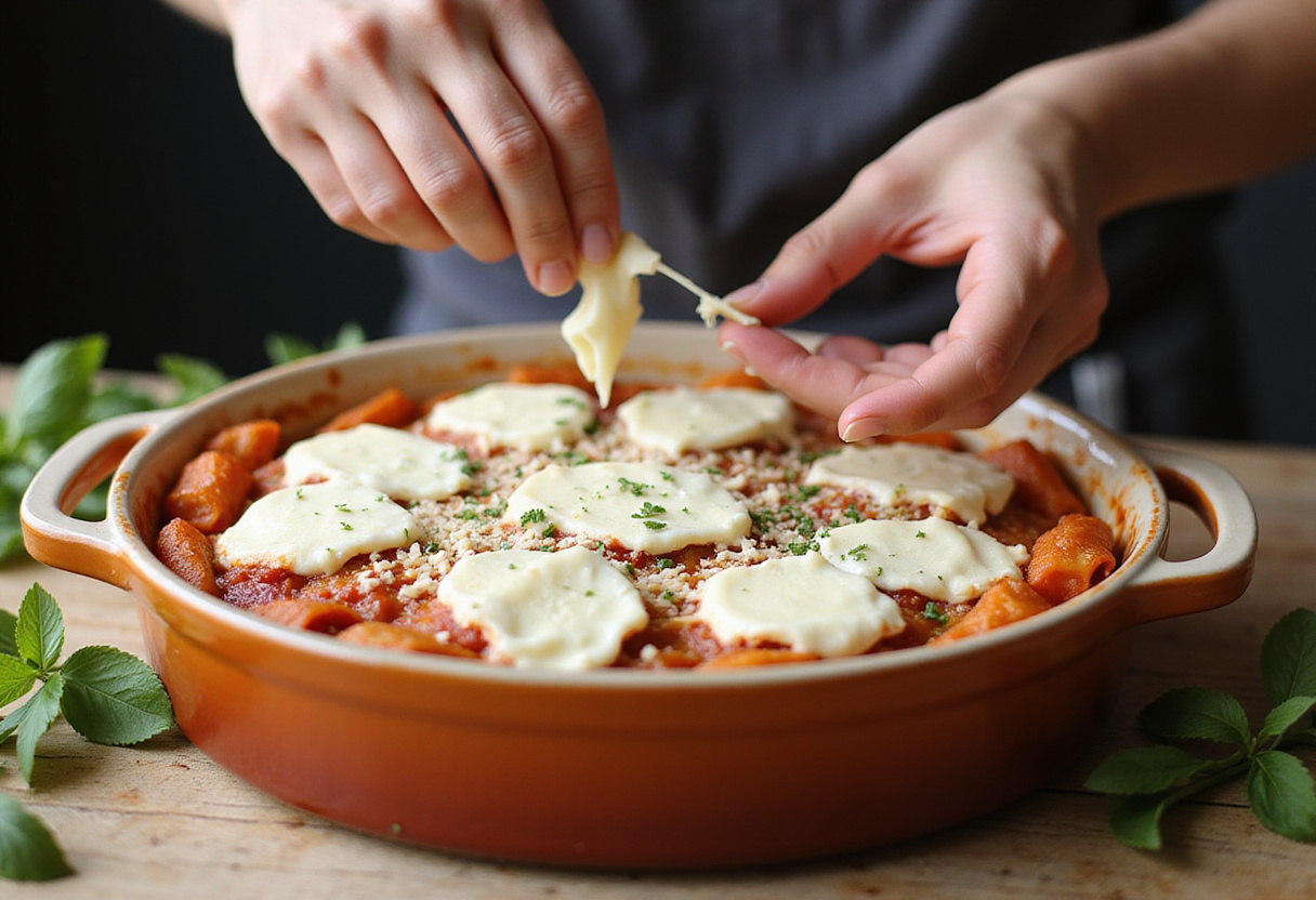 adding cheese to Maggiano’s Lasagna, preparing for baking
