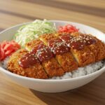 Final presentation of Japanese Katsu Bowls with crispy Tonkatsu, rice, and fresh garnishes, showcasing the delicious meal.
