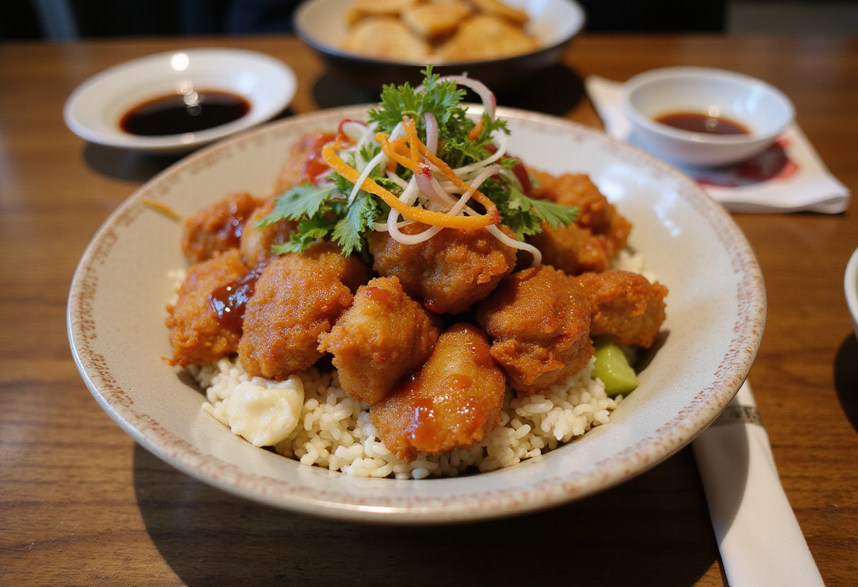 Final presentation of Japanese Katsu Bowls with crispy Tonkatsu, rice, and fresh garnishes, showcasing the delicious meal.