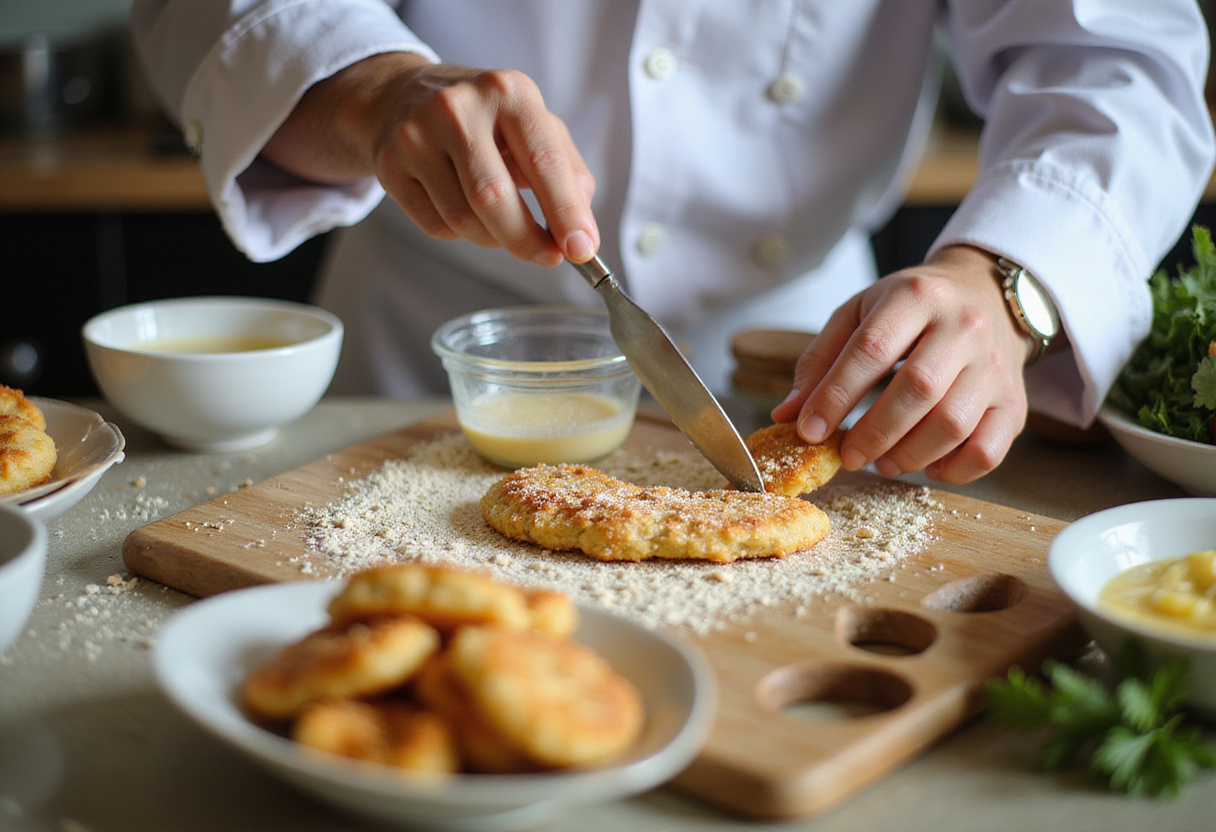 Breading chicken for Japanese Katsu Bowls, showcasing the flour, egg, and panko layers in a lively kitchen environment.