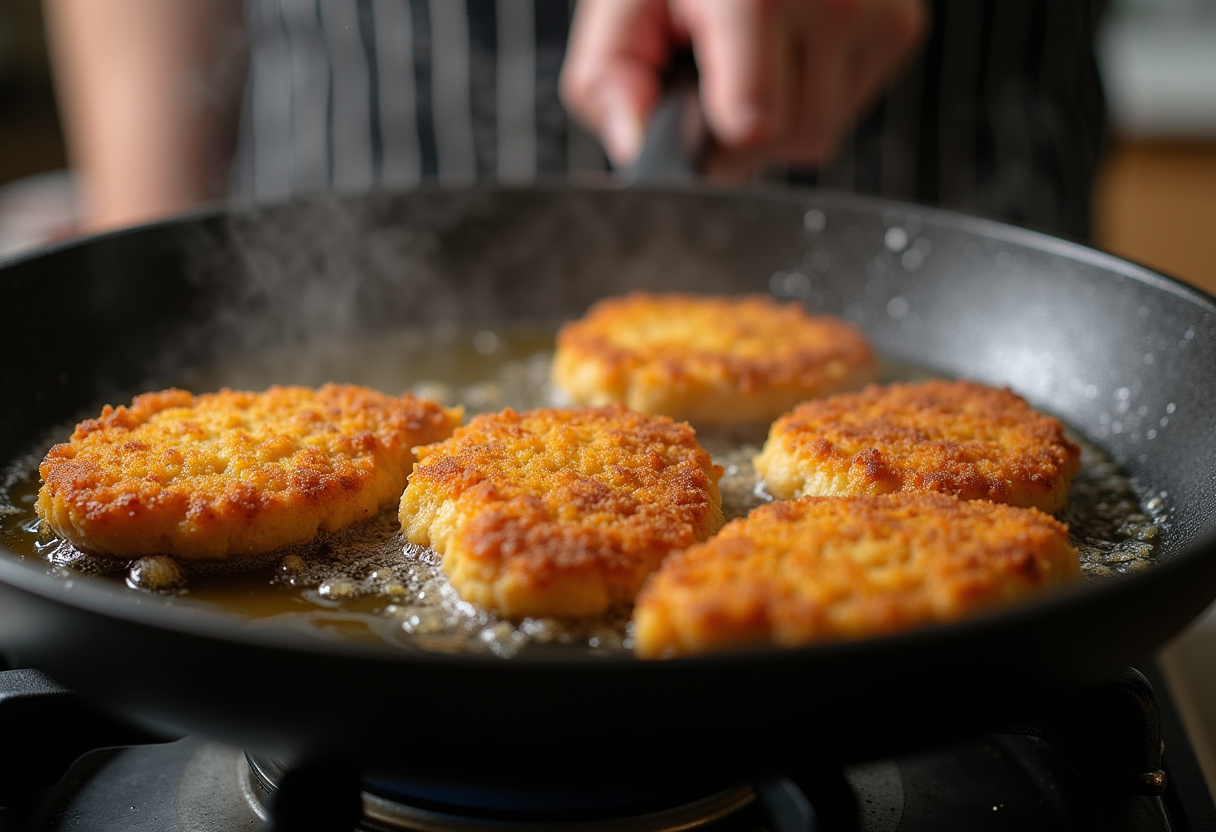 Frying chicken cutlets for Japanese Katsu Bowls, capturing the golden-browning process in a vibrant kitchen setting.