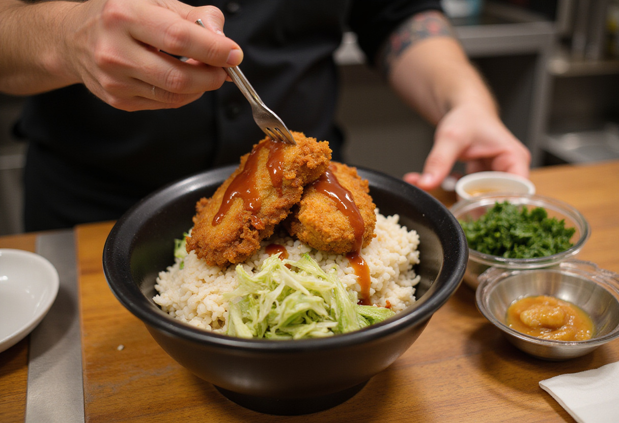 Assembling delicious Japanese Katsu Bowls with rice, chicken cutlets, and fresh cabbage in an inviting kitchen scene.