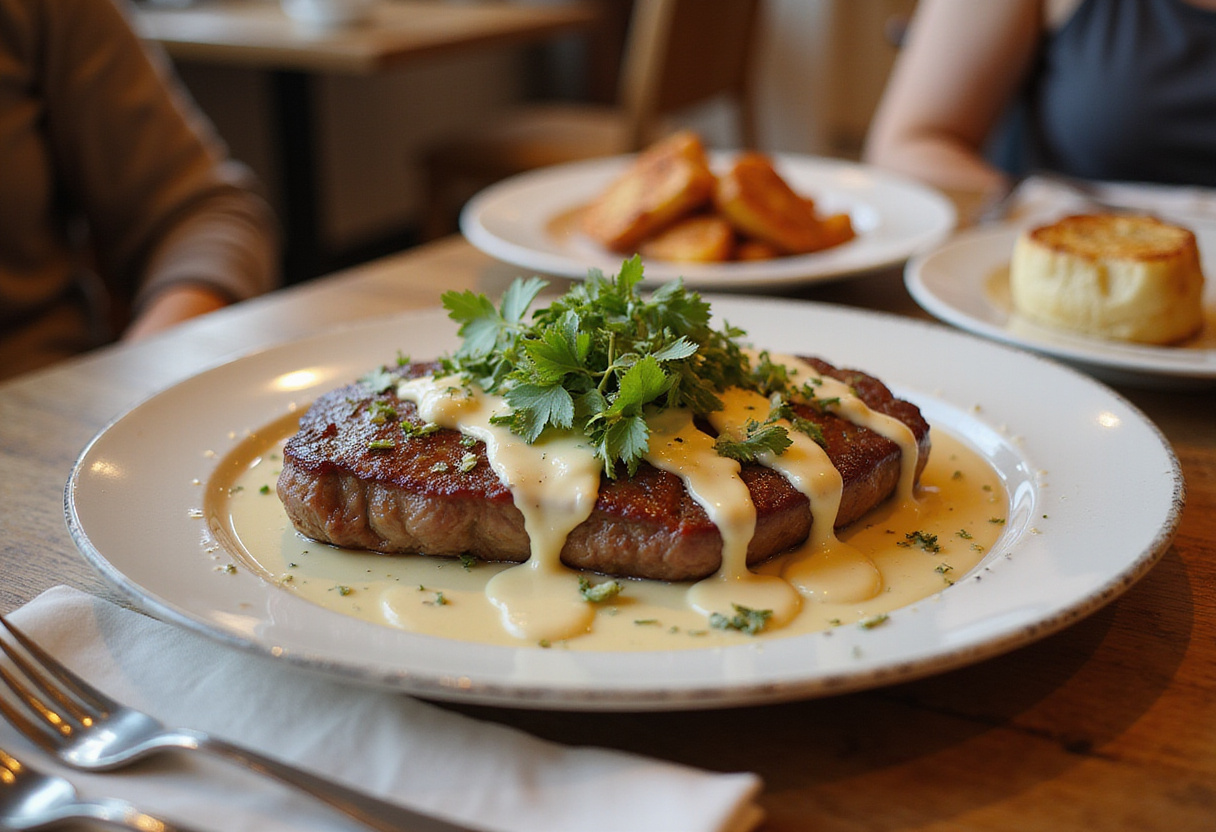 Final presentation of Juicy Steak with Creamy Garlic Sauce, a mouth-watering gourmet dish ready to be served.