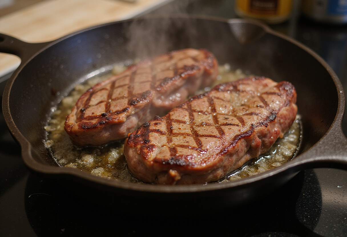 Cooking Juicy Steak in a skillet, achieving a perfect sear for a delicious meal.