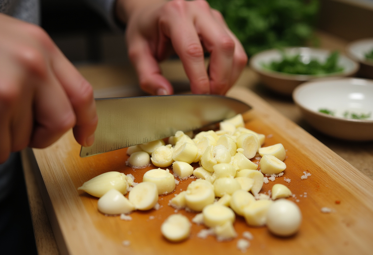Mincing garlic for a creamy garlic sauce to enhance the flavor of Juicy Steak.
