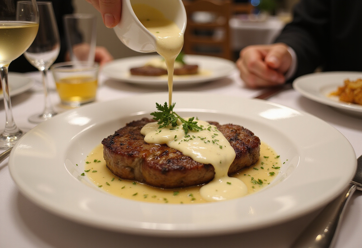 Pouring creamy garlic sauce over Juicy Steak, creating a delicious final dish presentation.