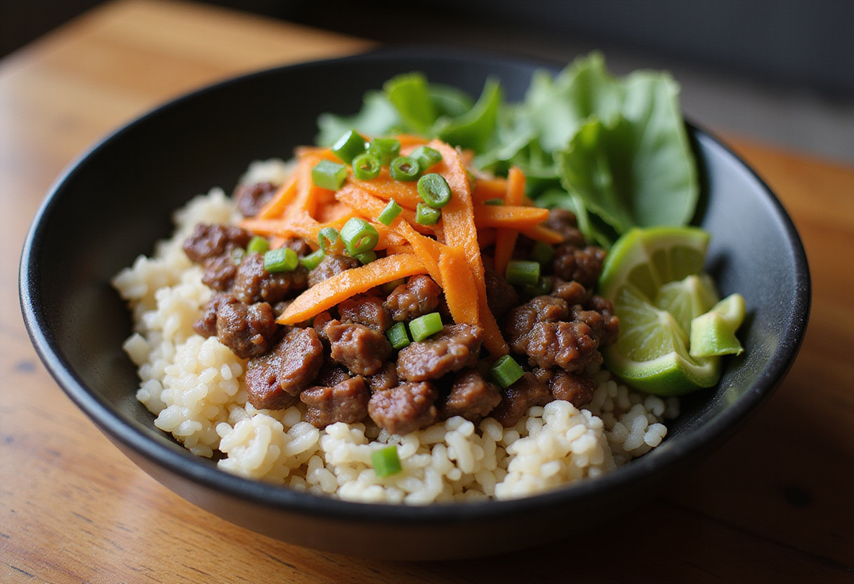 Close-up of the completed Korean Ground Beef Bowl, highlighting the colorful ingredients and inviting presentation.