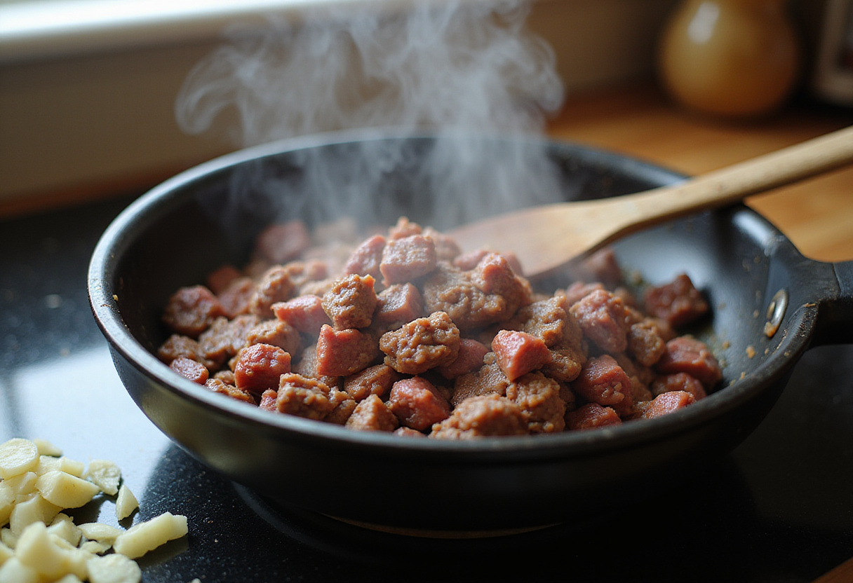 Preparing Korean Ground Beef in a skillet, showcasing the browning ground beef with garlic and onion ingredients ready for cooking.