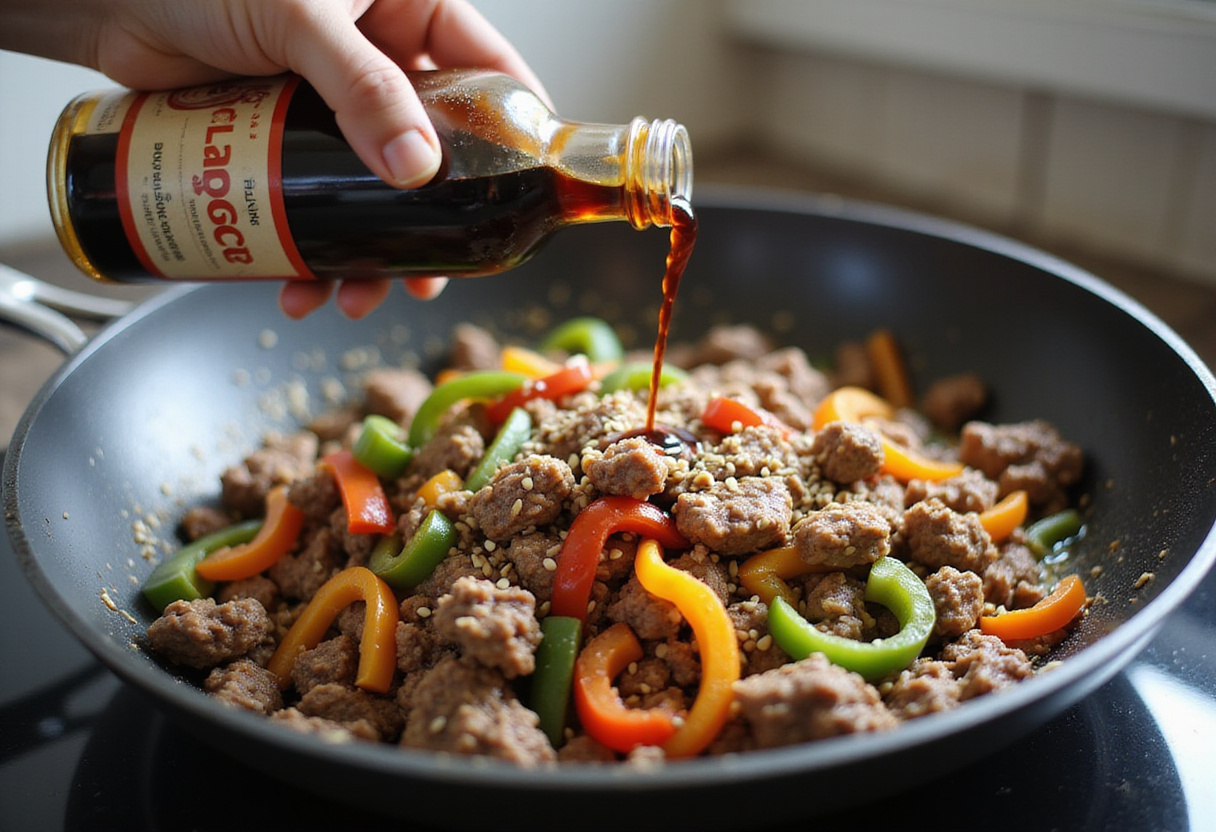 Adding soy sauce to the cooking Korean Ground Beef, featuring vibrant bell peppers and sesame seeds to enhance flavor.