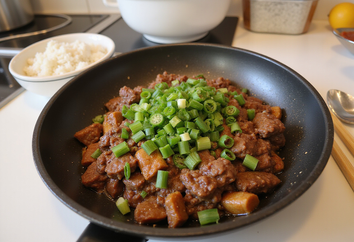 Garnishing Korean Ground Beef with green onions and sesame oil, with a bowl of rice and chopsticks in a tidy kitchen ambiance.
